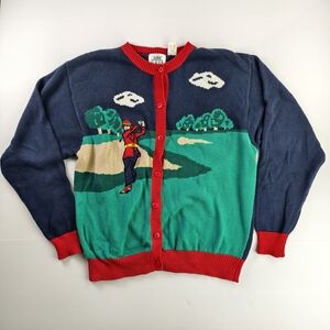 Tabi International Golf Vintage Scene Cardigan Playful Retro Knit Collectible L